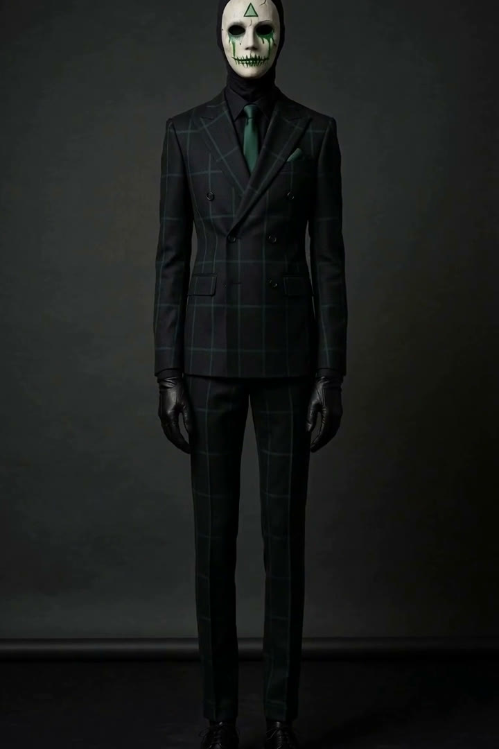 AI film still: a new masked character in a green windowpane suit, name not revealed yet