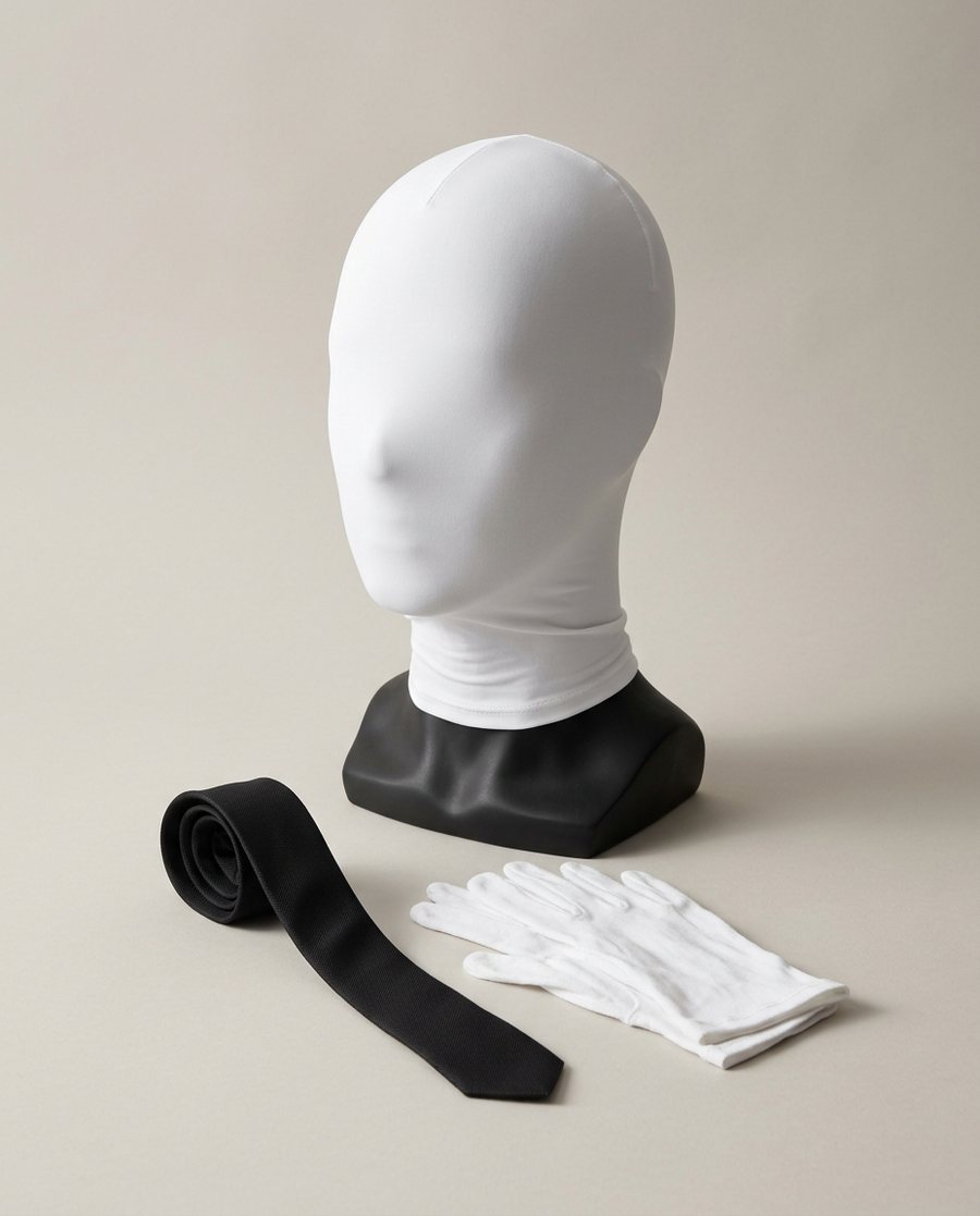 The Nobody kit, AI render: a white face-covering hood on a stand, a thin black tie and white gloves