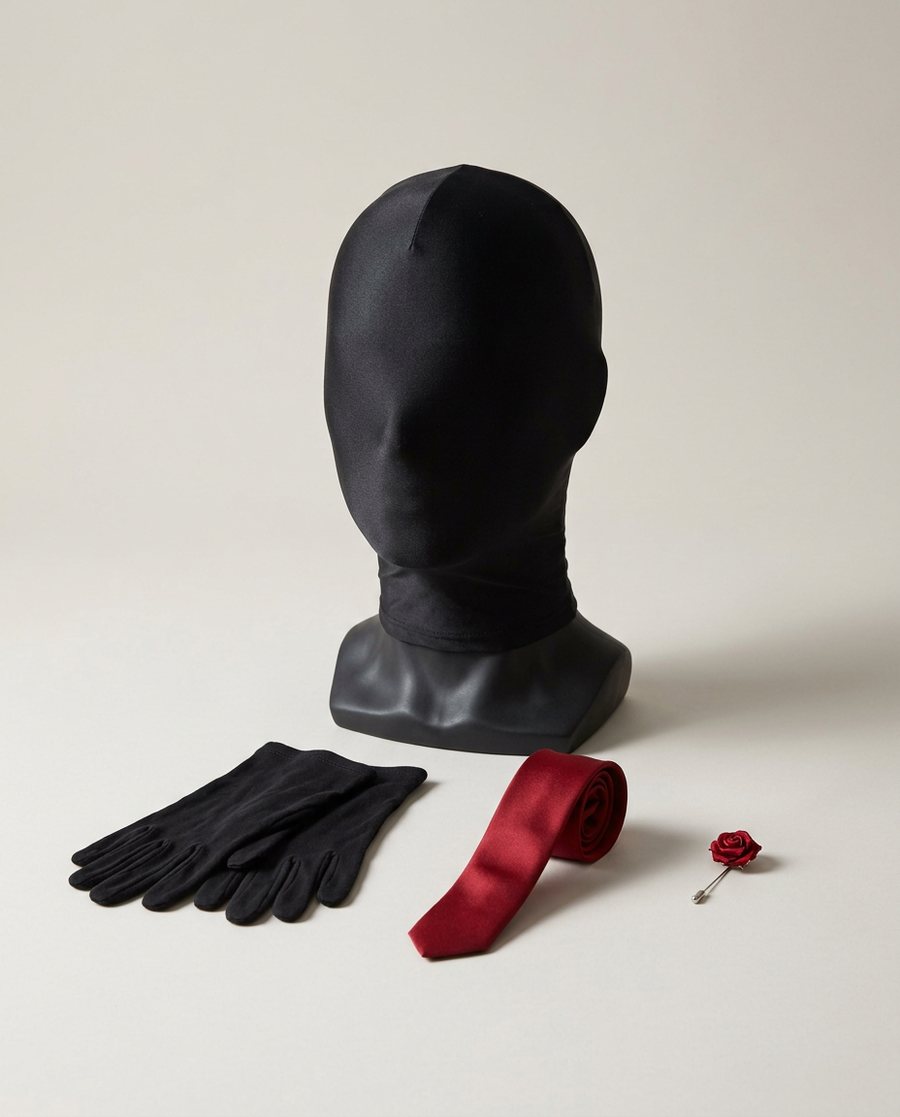 The Somebody kit, AI render: a black face-covering hood on a stand, black gloves, a red tie and a red rose pin