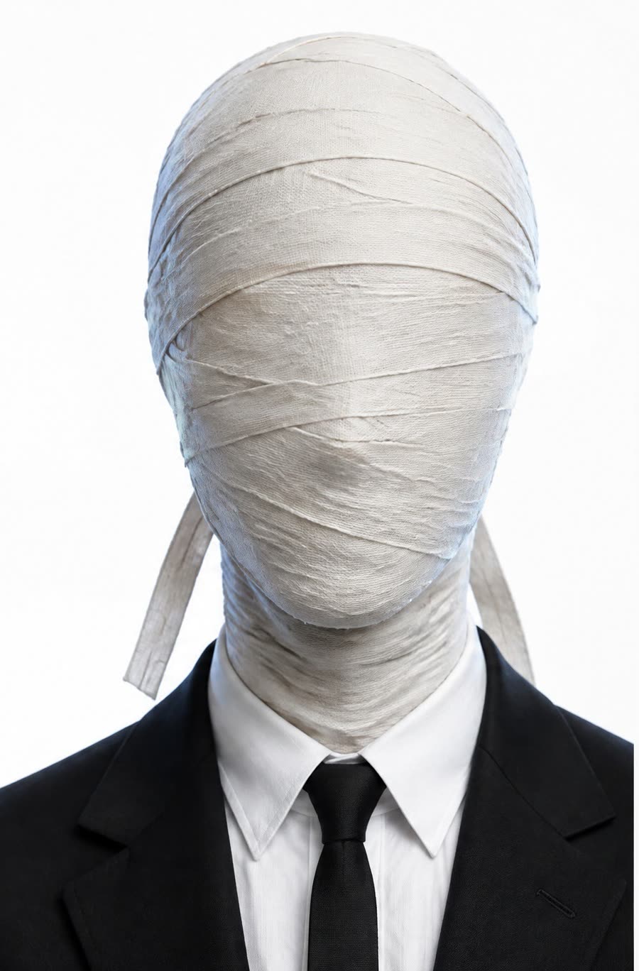 Mr. Nobody, AI character: head wrapped in off-white gauze, black suit and tie