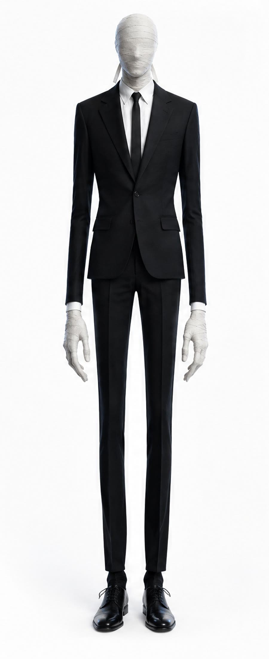 Mr. Nobody, AI character: head and hands wrapped in off-white gauze, slim black suit, white shirt, thin black tie