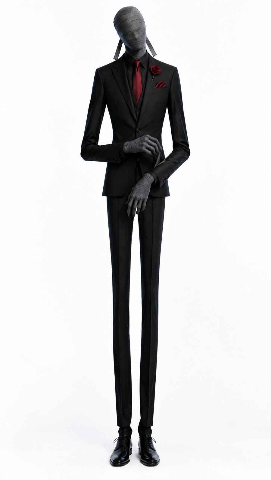 Mr. Somebody, AI character: charcoal bandages, black three-piece suit, red tie and red rose